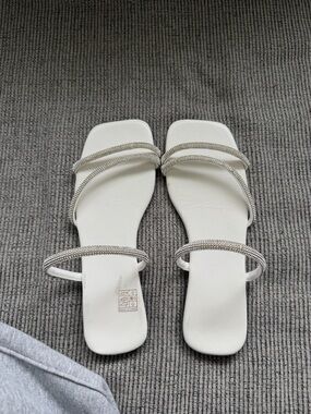 Women's White Rhinestone Strap Slide Sandals